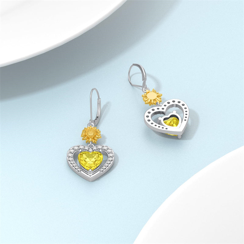 Sterling Silver Heart Cubic Zirconia Sunflower Rose Daisy Lily Lotus Hibiscus Dangle Earrings
