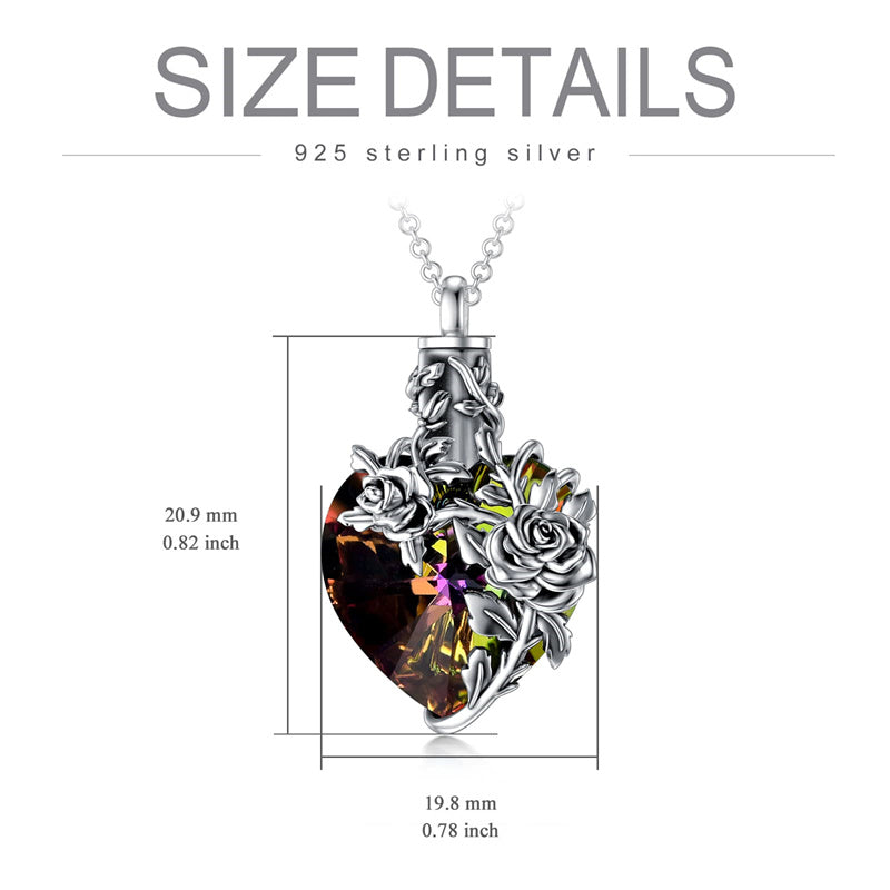 Sterling Silver Heart TearDangle Crystal Rose Cremation Urn Necklace for Ashes