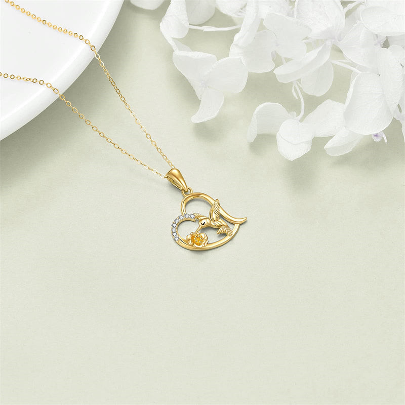 14K Gold Hummingbird Daisy Pendant Necklace