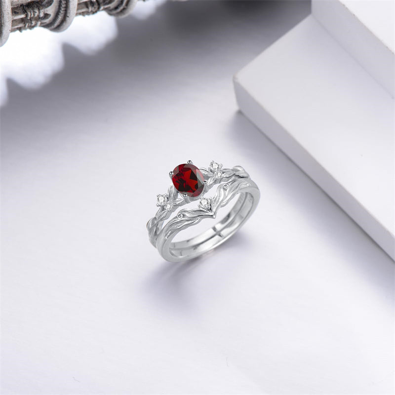 Sterling Silver 10K 14K 18K Gold  Oval Cut Unique Vine Gemstone Wedding Ring Set