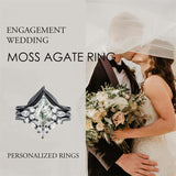 Sterling Silver Personalized Engraved Moss Agate Bridal Wedding Promise Engagement Ring Set for Women