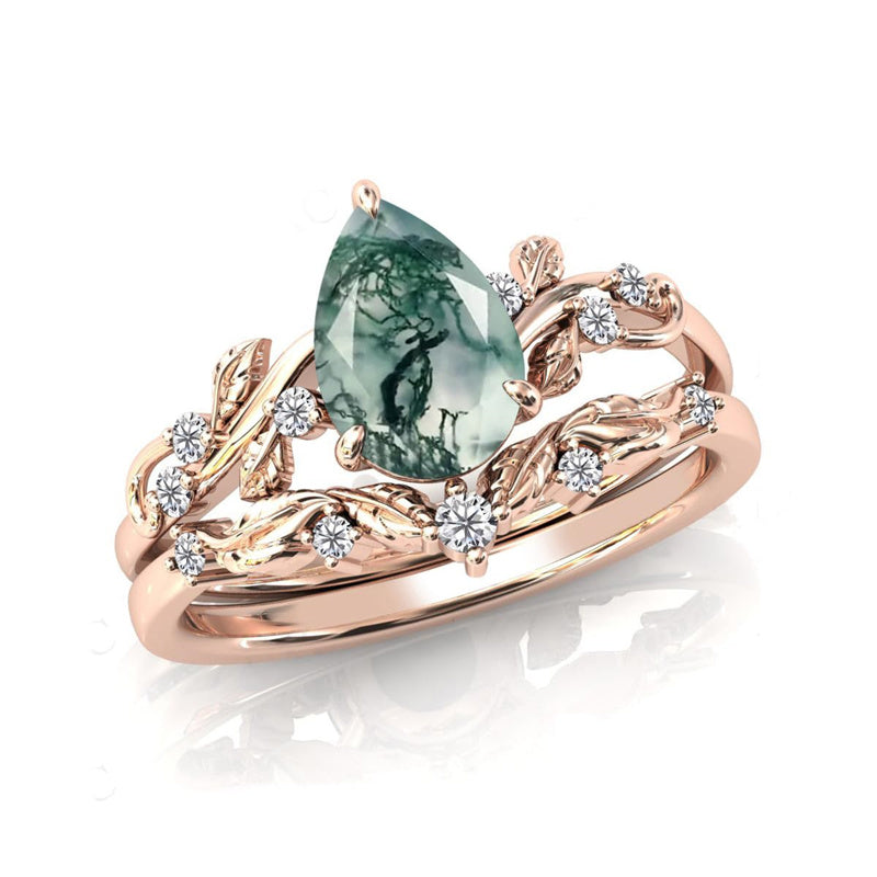 Sterling Silver Heart Moss Agate Set Engagement Wedding Ring