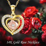 14K Gold Rose Necklace 14K Solid Yellow Gold Rose Heart Pendant Necklace Gold Rose Flower Jewelry for Women Girls Gifts