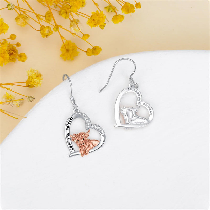 Sterling Silver Highland Cow  Dangle Earrings