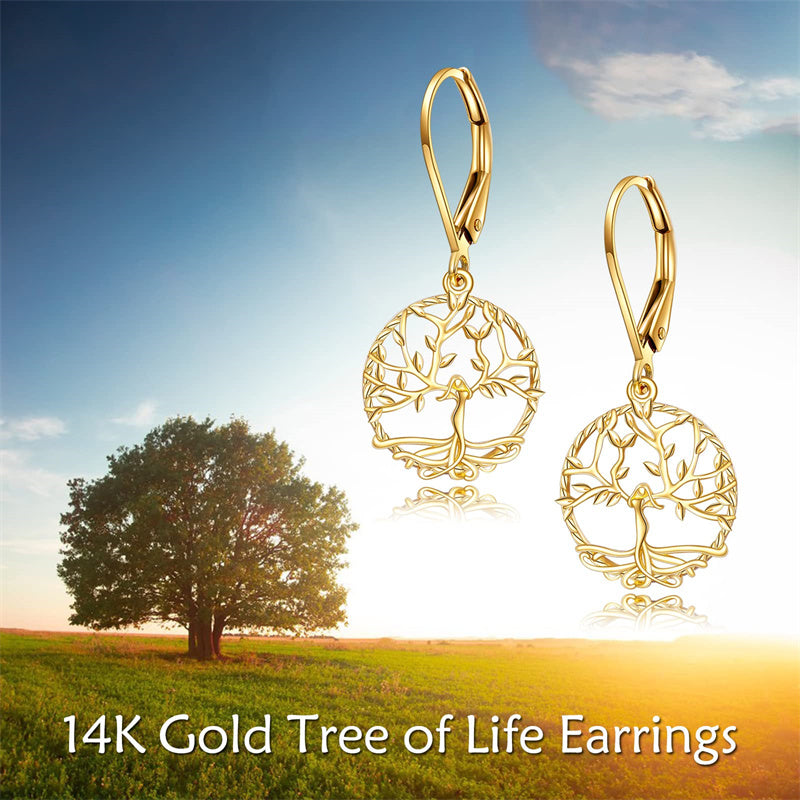 14K Gold Tree of Life Leverback Earrings