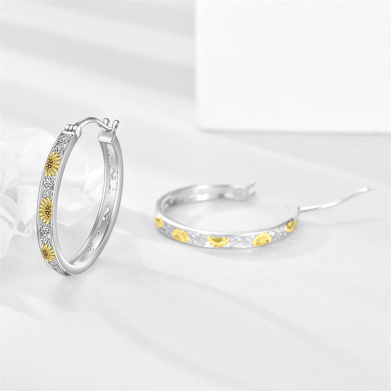 Sterling Silver Sunflower Hoop Earrings