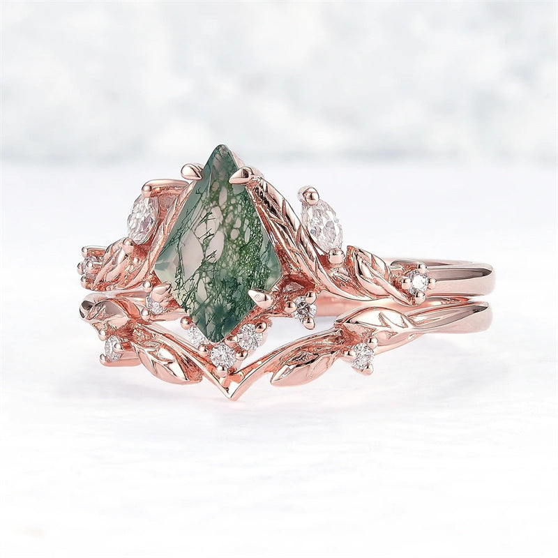 Sterling Silver 10K 14K 18K Gold  Personalized  Engraved Natural Moss Agate Engagement Bridal Wedding Ring Set