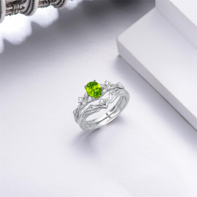Sterling Silver 10K 14K 18K Gold  Oval Cut Unique Vine Gemstone Wedding Ring Set
