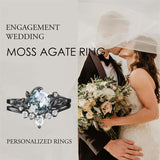 Sterling Silver Personalized Engraved Moss Agate Bridal Wedding Promise Engagement Ring Set for Women