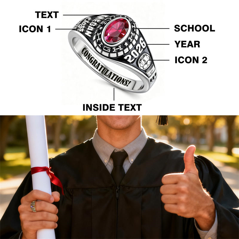 Sterling Silver Personalized Pattern Engraved Class Ring Graduation Ring