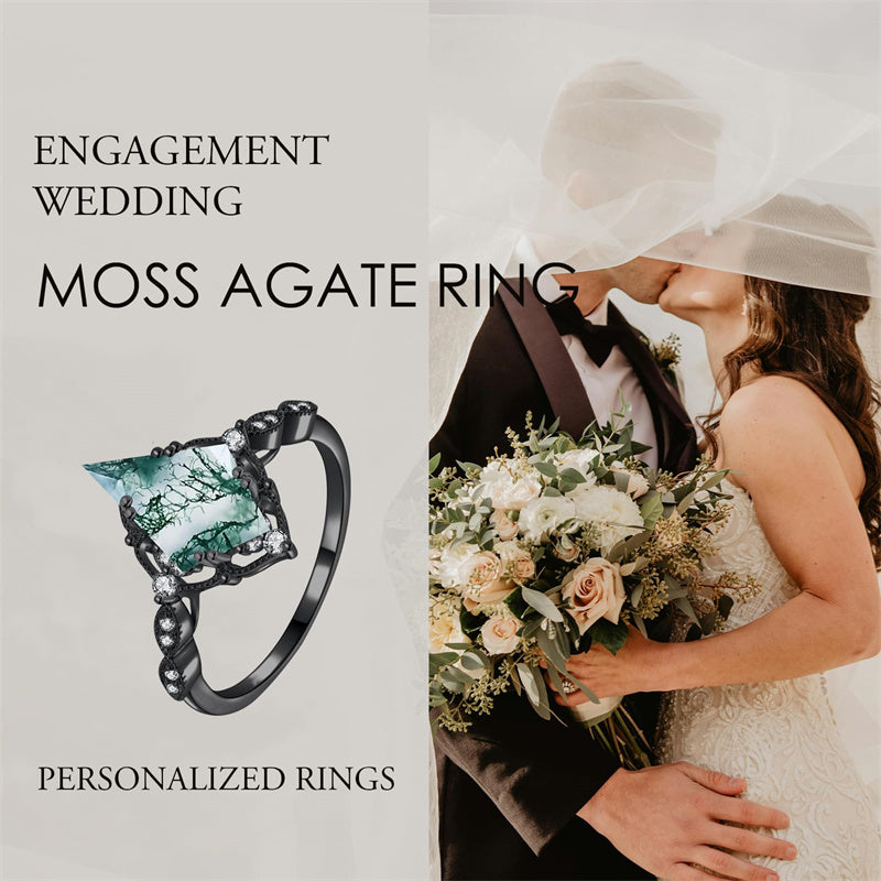Sterling Silver Personalized Engraved Black Moss Agate Bridal Wedding Promise Engagement Ring for Women