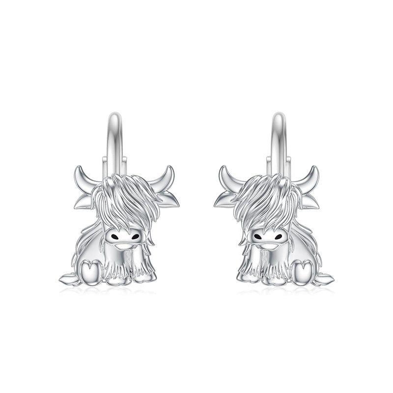 10K 14K 18K Solid Gold Highland Cow Leverback Earrings