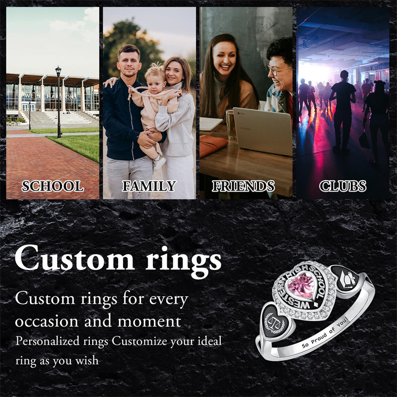 Sterling Silver Personalized Pattern Engraved Birthstone Class Ring for Women