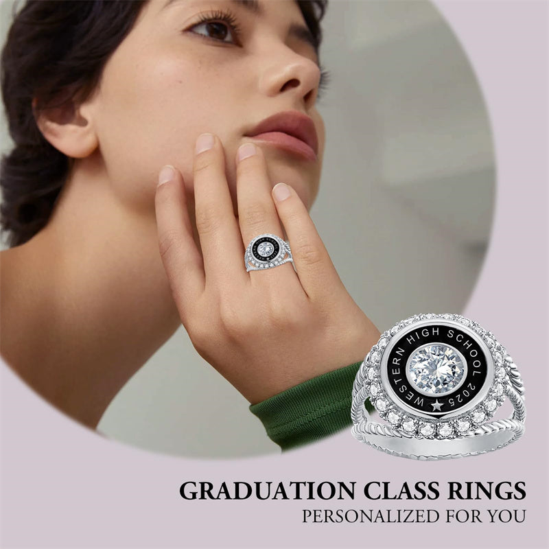 Sterling Silver Personalized Birthstone Engraved   Graduation Class Ring for Women