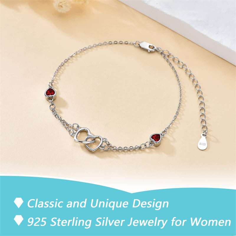 Sterling Silver Double Heart Birthstone Single Layer Anklet
