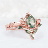 Sterling Silver 10K 14K 18K Gold  Personalized  Engraved Natural Moss Agate Engagement Bridal Wedding Ring Set
