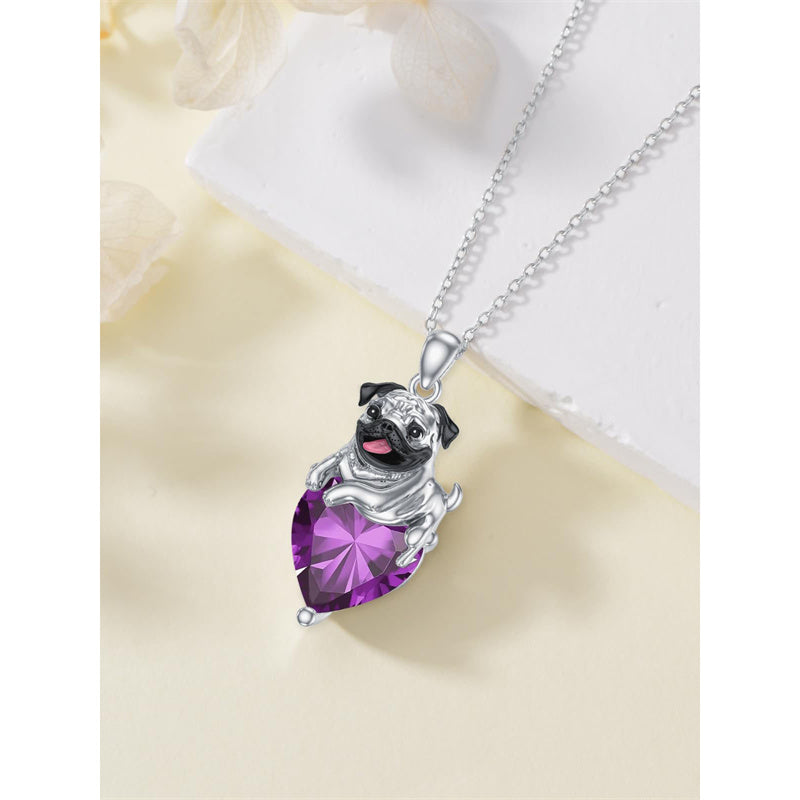 Sterling Silver Heart Birthstone Pug Pendant Necklace