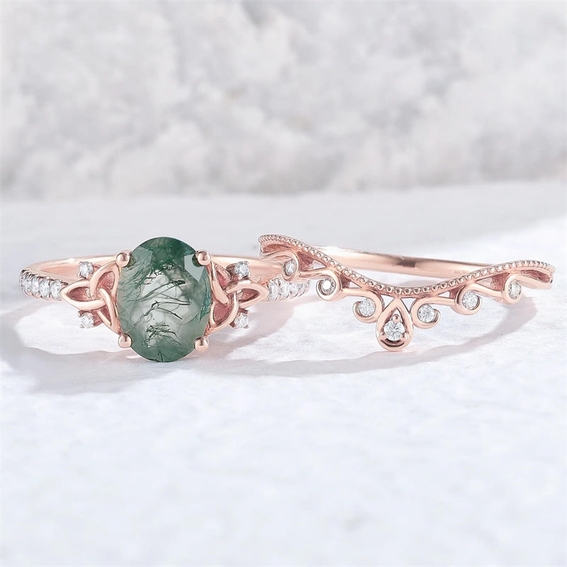 Sterling Silver 10K 14K 18K Gold  Personalized  Engraved Natural Moss Agate Engagement Bridal Wedding Ring Set