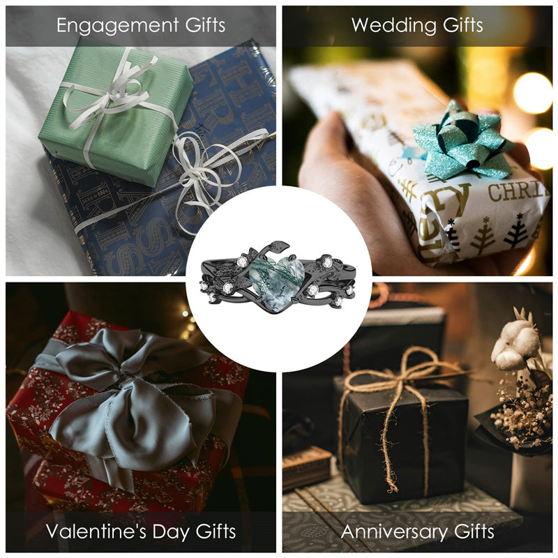 Sterling Silver Personalized Engraved Moss Agate Bridal Wedding Promise Engagement Ring Set for Women