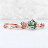 Sterling Silver 10K 14K 18K Gold  Personalized  Engraved Natural Moss Agate Engagement Bridal Wedding Ring Set