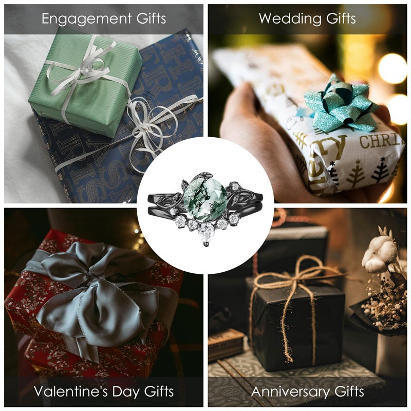 Sterling Silver Personalized Engraved Moss Agate Bridal Wedding Promise Engagement Ring Set for Women