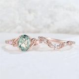 Sterling Silver 10K 14K 18K Gold  Personalized  Engraved Natural Moss Agate Engagement Bridal Wedding Ring Set