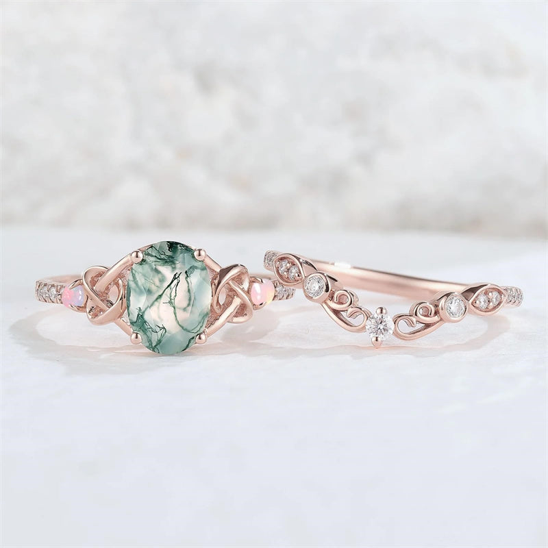 Sterling Silver 10K 14K 18K Gold  Personalized  Engraved Natural Moss Agate Engagement Bridal Wedding Ring Set