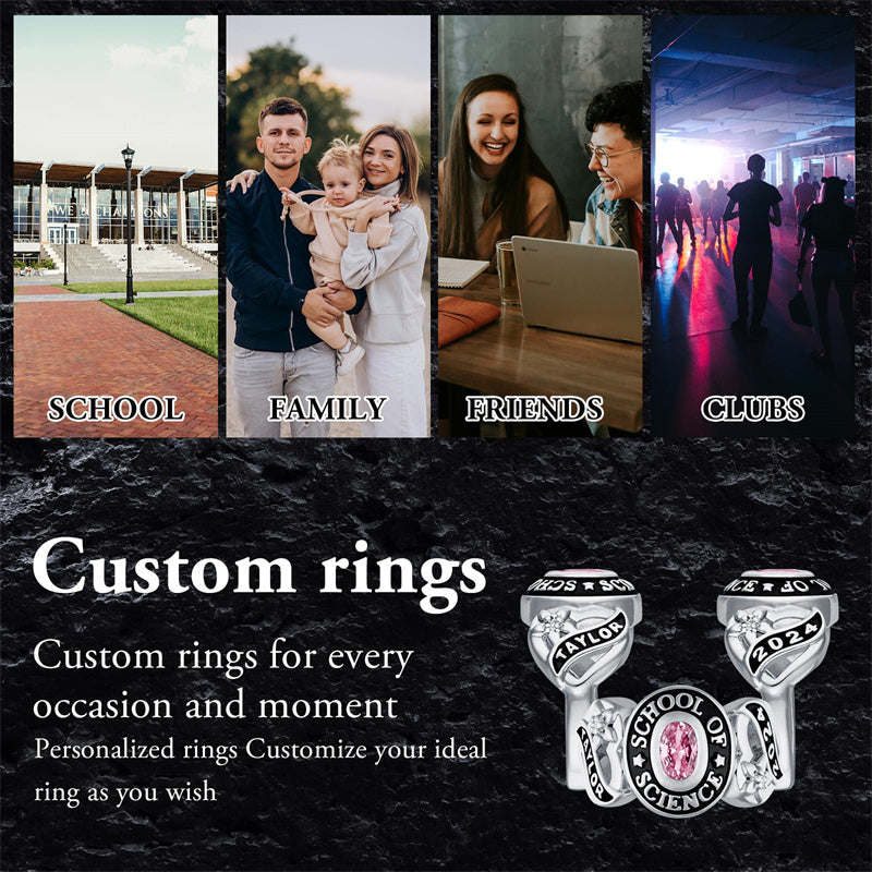 Sterling Silver Personalized Birthstone Engraved  2025 Graduation Class Ring for Women
