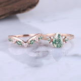 Sterling Silver 10K 14K 18K Gold  Personalized  Engraved Natural Moss Agate Engagement Bridal Wedding Ring Set