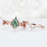Sterling Silver 10K 14K 18K Gold  Personalized  Engraved Natural Moss Agate Engagement Bridal Wedding Ring Set
