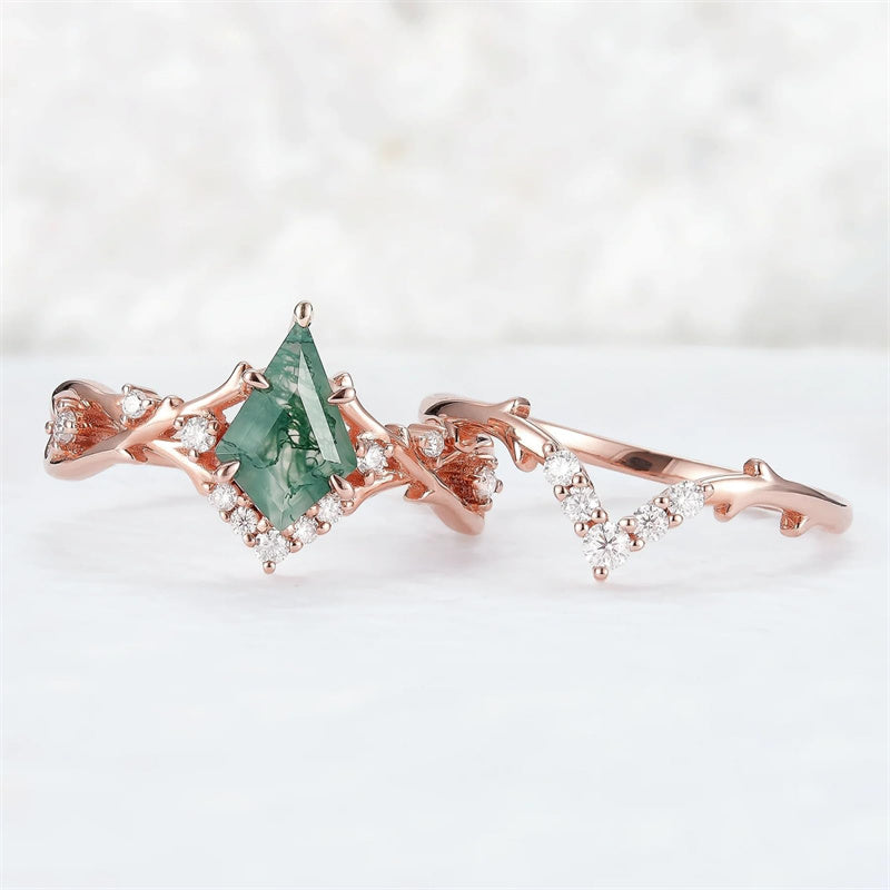 Sterling Silver 10K 14K 18K Gold  Personalized  Engraved Natural Moss Agate Engagement Bridal Wedding Ring Set