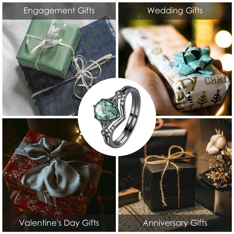 Sterling Silver Personalized Engraved Moss Agate Bridal Wedding Promise Engagement Ring Set for Women