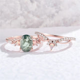 Sterling Silver 10K 14K 18K Gold  Personalized  Engraved Natural Moss Agate Engagement Bridal Wedding Ring Set