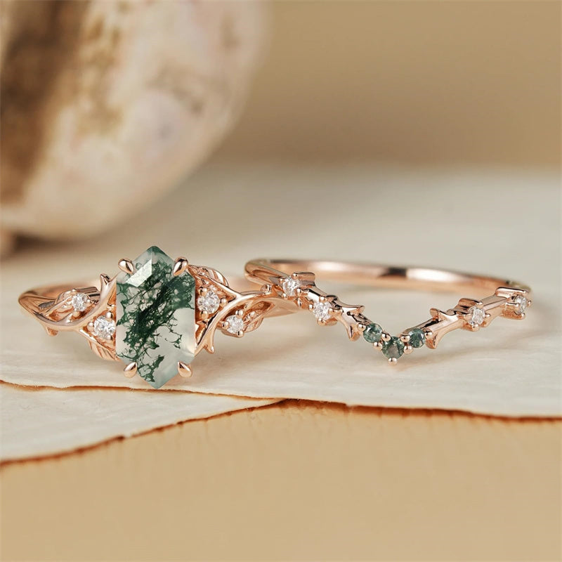 Sterling Silver 10K 14K 18K Gold  Personalized  Engraved Natural Moss Agate Engagement Bridal Wedding Ring Set