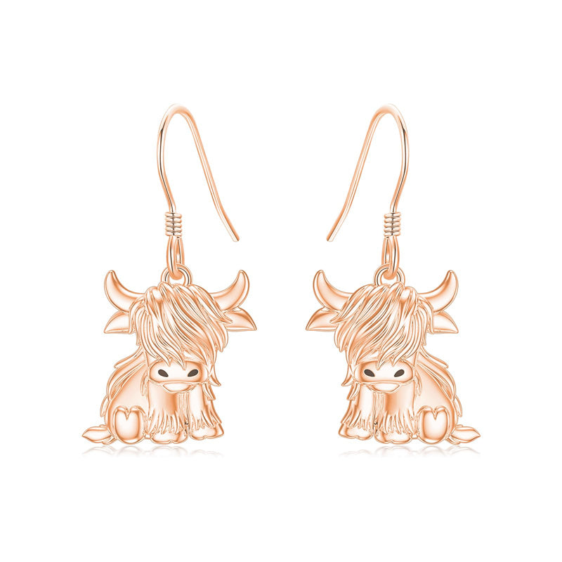 10K 14K 18K Gold Highland Cow Animal Earrings