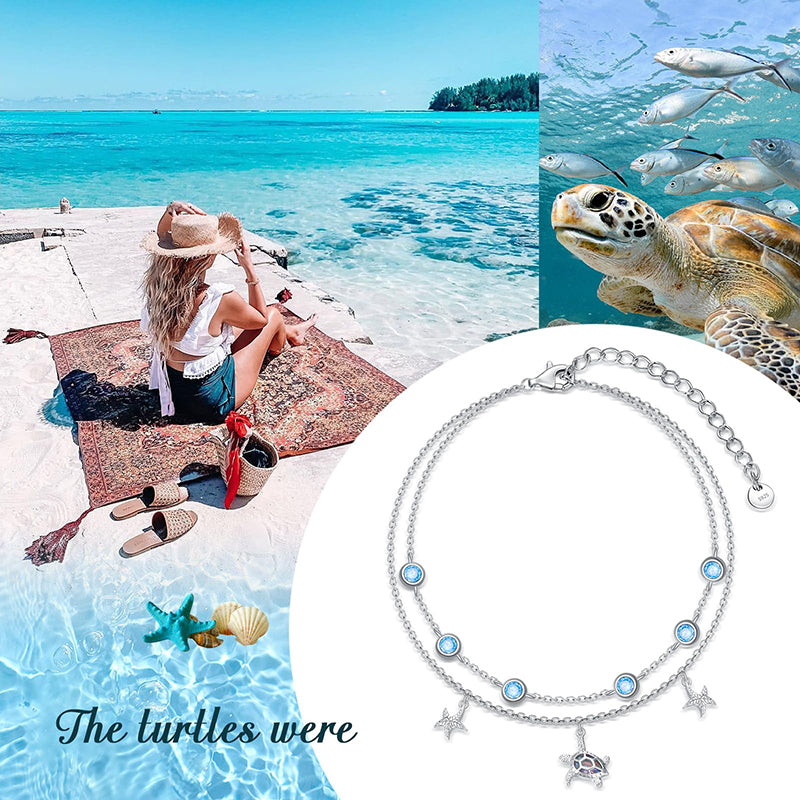 Sterling Silver Turtle Adjustable Beach Multi-layered  Anklet
