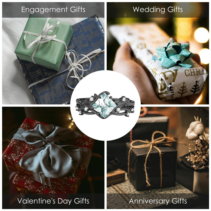 Sterling Silver Personalized Engraved Moss Agate Bridal Wedding Promise Engagement Ring Set for Women