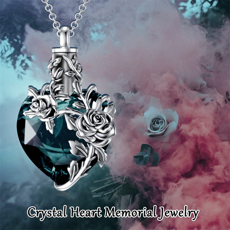 Sterling Silver Heart TearDangle Crystal Rose Cremation Urn Necklace for Ashes