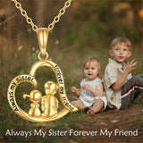 14K Gold Sister Brother Heart Pendant Necklace With Engraved