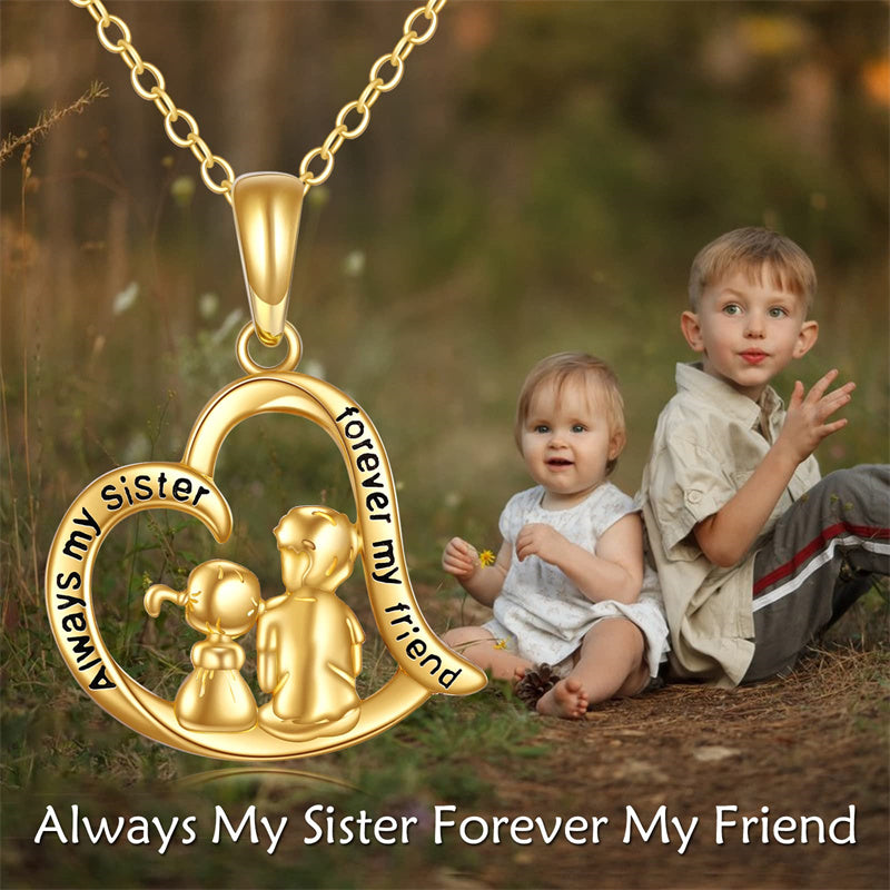 14K Gold Sister Brother Heart Pendant Necklace With Engraved