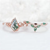 Sterling Silver 10K 14K 18K Gold  Personalized  Engraved Natural Moss Agate Engagement Bridal Wedding Ring Set