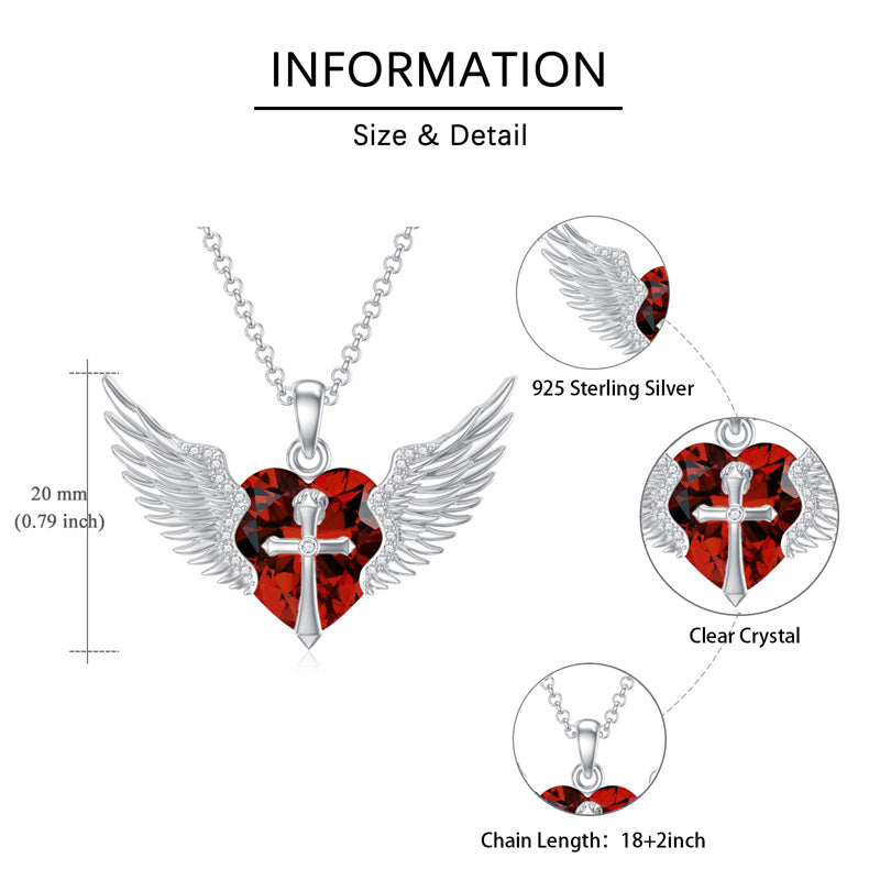Sterling Silver Birthstone Angel Wings&Cross Pendant Necklace