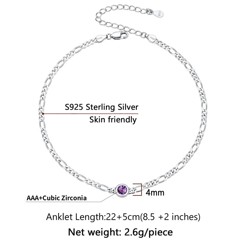 Sterling Silver Diamond Cut 3mm Round Birthstone Single Layer Anklet