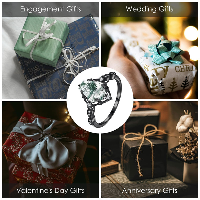 Sterling Silver Personalized Engraved Black Moss Agate Bridal Wedding Promise Engagement Ring for Women