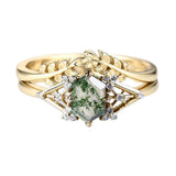 Sterling Silver Personalized  Engraved Hexagon Cut Moss Agate Engagement Wedding Ring Set for Women