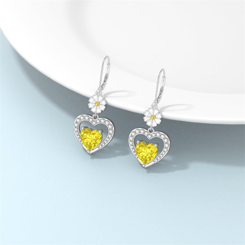 Sterling Silver Heart Cubic Zirconia Sunflower Rose Daisy Lily Lotus Hibiscus Dangle Earrings