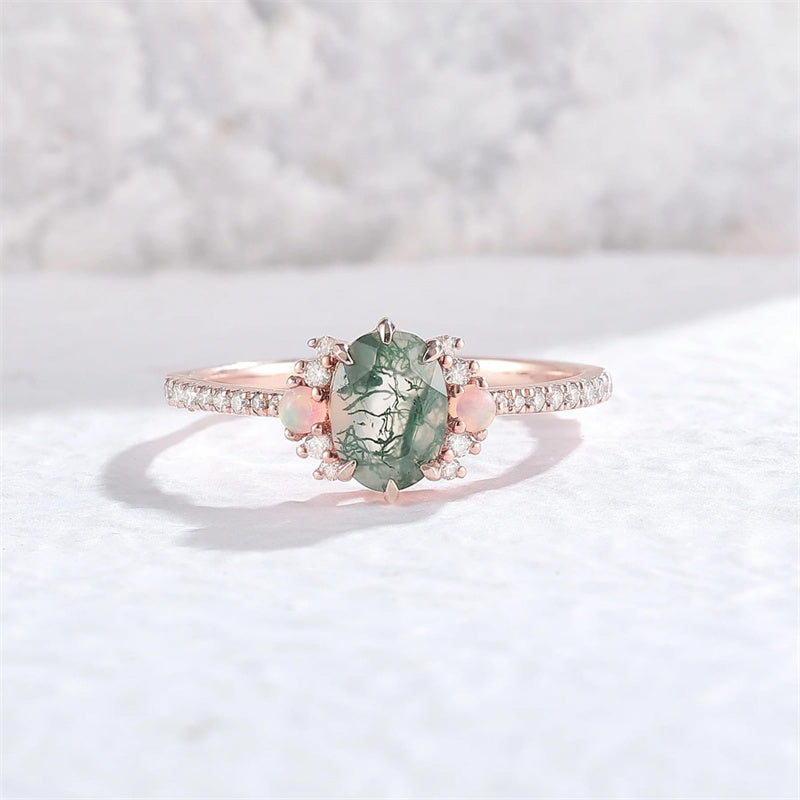 Sterling Silver 10K 14K 18K Gold  Personalized  Engraved Natural Moss Agate Engagement Bridal Wedding Ring Set