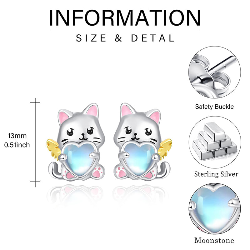 Sterling Silver Moonstone Axolotl Dog Cat Stud Earrings