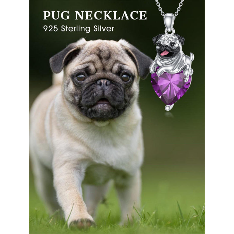 Sterling Silver Heart Birthstone Pug Pendant Necklace
