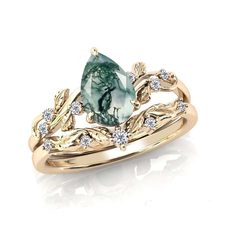 Sterling Silver Heart Moss Agate Set Engagement Wedding Ring